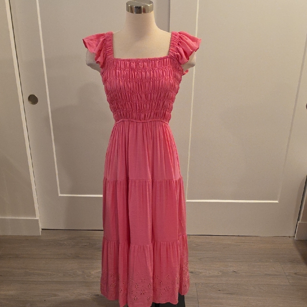 By the River Women's Pink smocked Tiered Maxi dress Size L new with tags - Picture 3 of 10